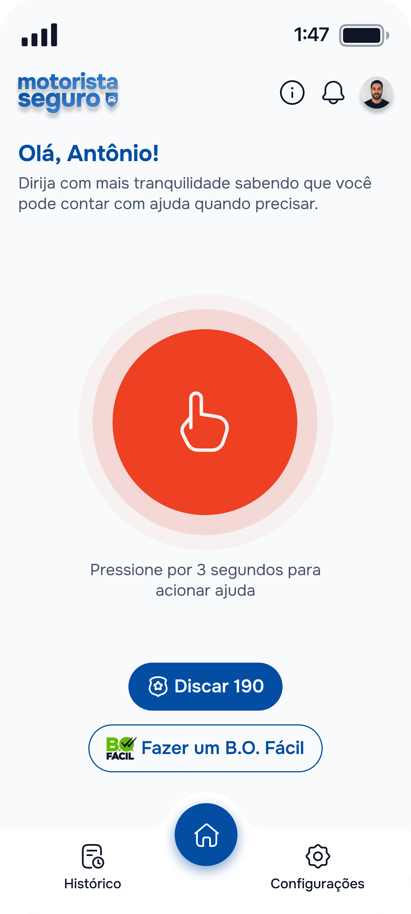 Tela inicial do app Motorista Seguro com o botão de emergência