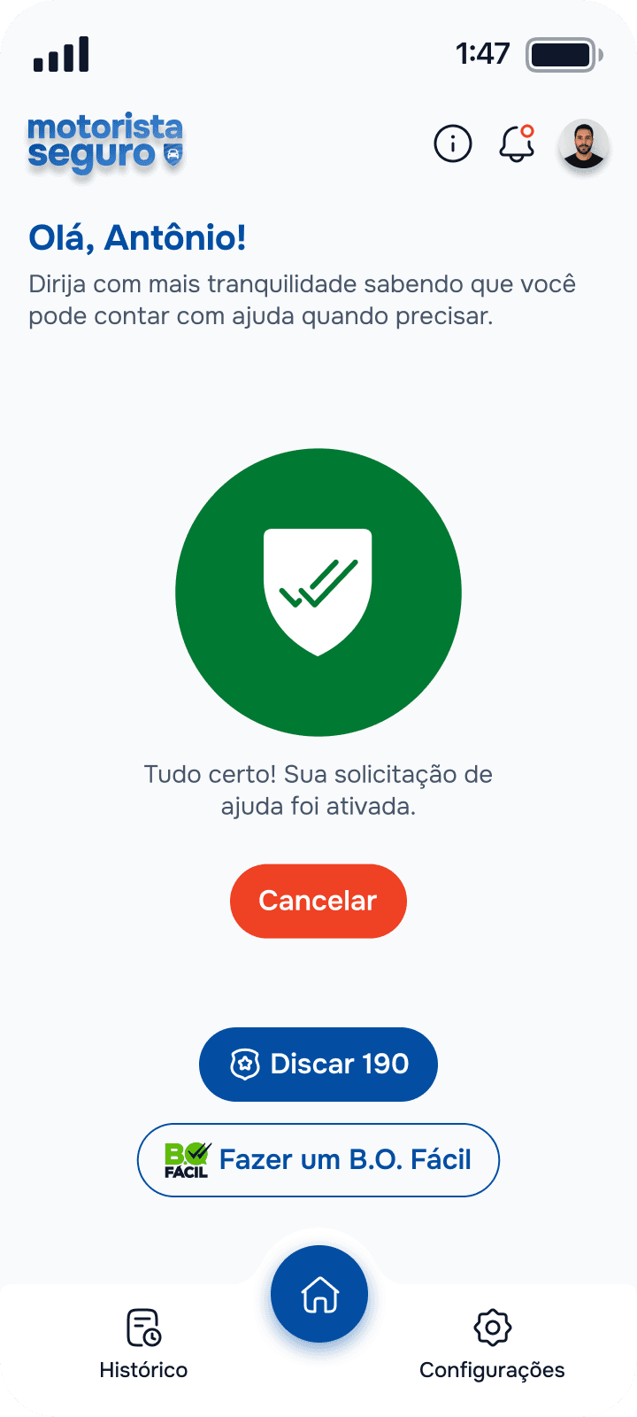 Tela de alerta ativo do Motorista Seguro